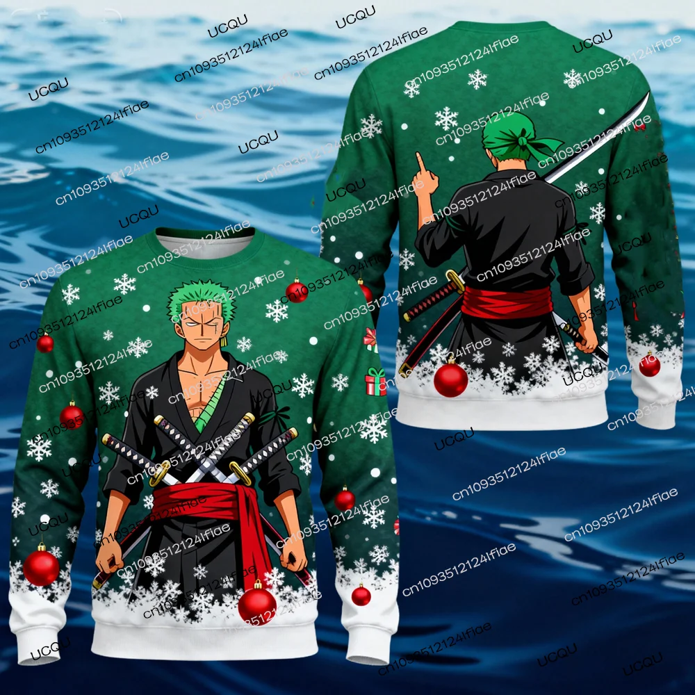 2025年新作 ゾロ クリスマス 大人用 メンズ/レディース 冬用 長袖 スウェットシャツ キッズ ワンピース風 漫画 クルーネック スウェットシャツ ストリートウェア