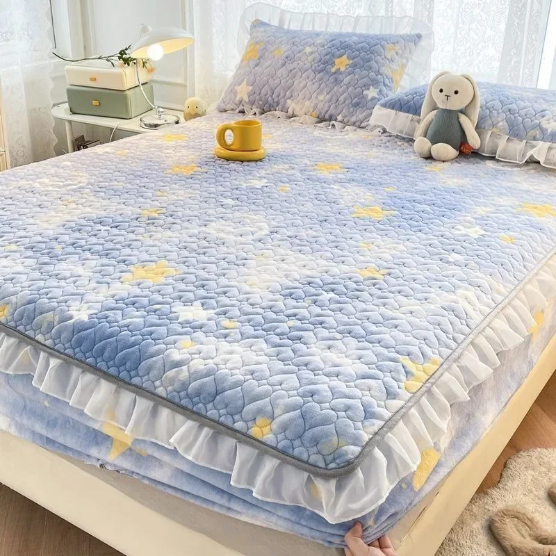 

Winter Thickened Fitted Sheet Pillowcase 3pcs Bed Sheet Set Double Bedspread Elastic Band Non-slip Mattress Cover Lace Bed Cover