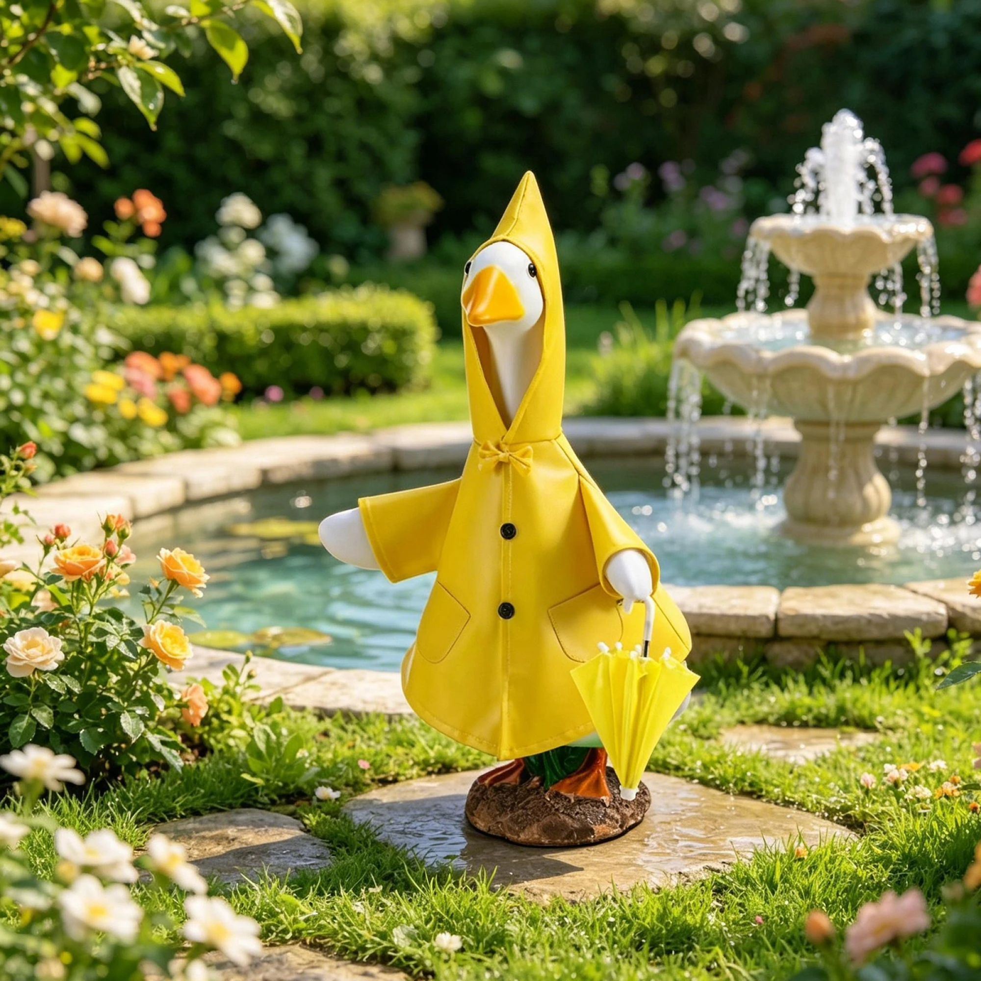Porch Goose Raincoat Outfit Cute Bow Hooded Button Raincoat and Umbrella for 23 Inch Lawn Goose Statue Clothes