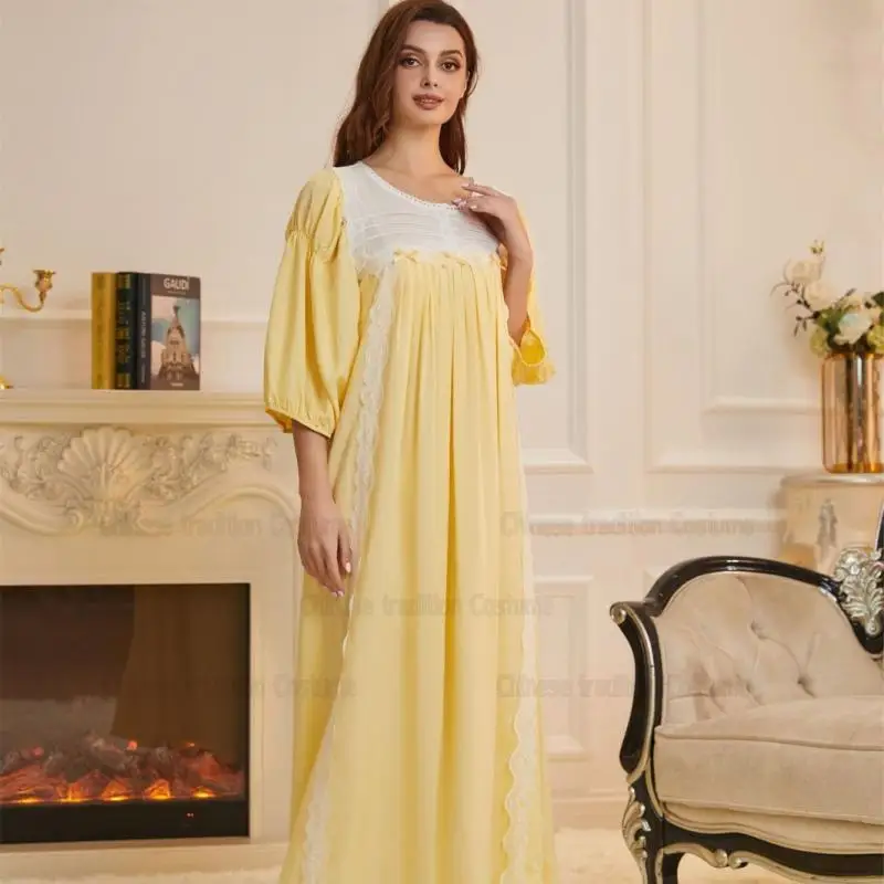 

Women Long Sleeve Cotton Nightgown for Spring Sweet Girls Nightwear Sleepwear French Vintage Princess Home Wear Autumn Winter