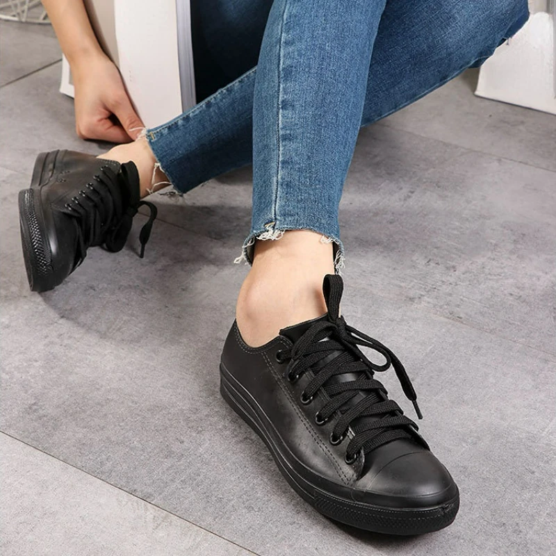 Waterproof Rubber Shoes Women Casual Sports Lace-up Vulcanized Rain Shoes Ladies Sneakers Flats Work Footwear Zapatos De Mujer