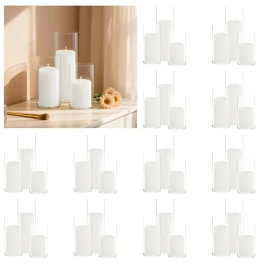 Wedding table centerpiece: white pillar candles 2''x34'' + glass cylinder vases (2.6''x5'' 6'' 8''); premium paraffin wax elega