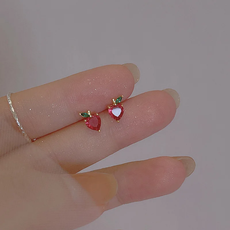 Fashion Sweet Cute Fruit Stud Earrings For Women Girls Small Red Zirconic Cherry Versatile Popular Daily Jewelry Accessories
