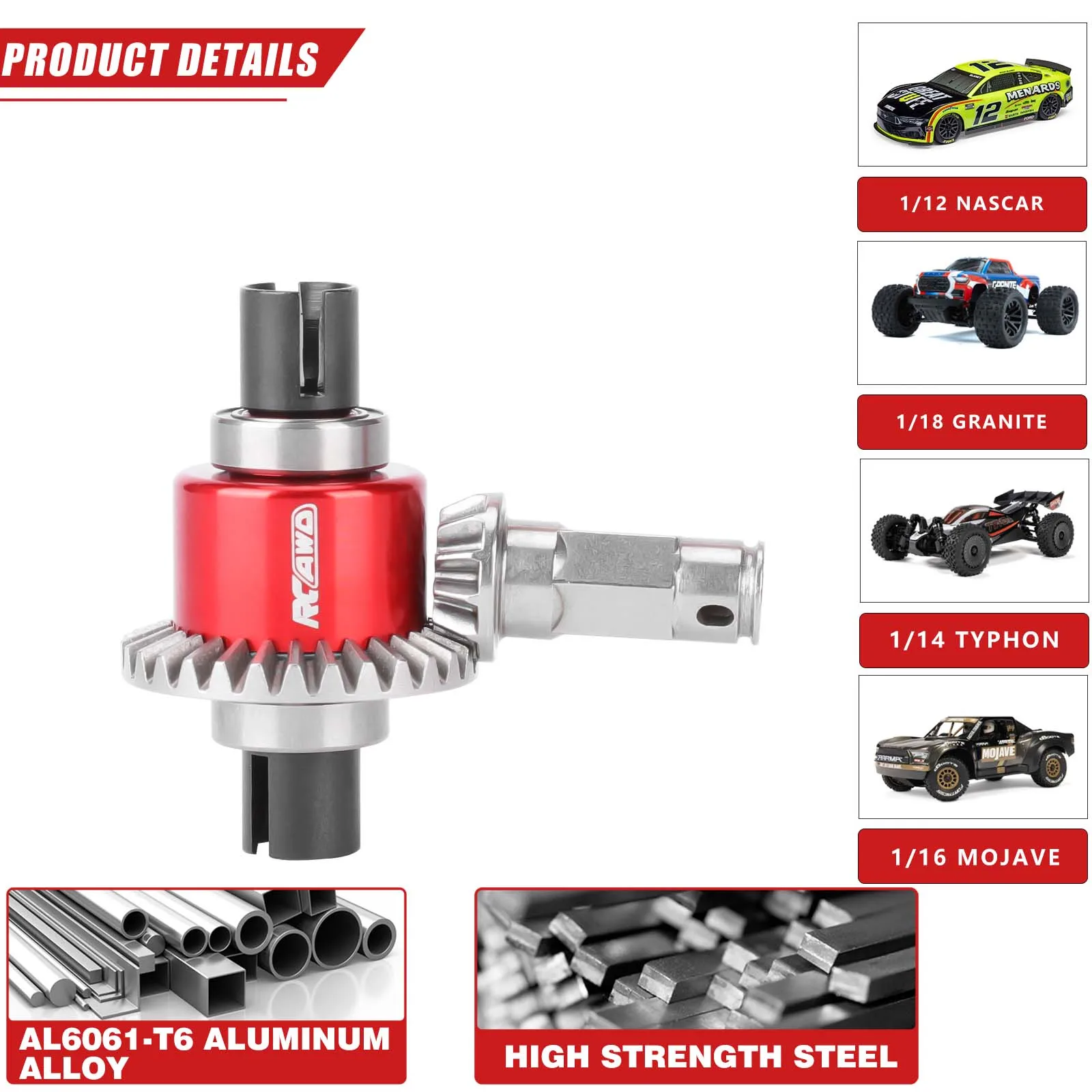 RCAWD 30T Rear Differential with 12T Input Gear for ARRMA Typhon Granite Mojave Grom 0.8Mod 3000cSt Oiltight Diff Set Upgrades