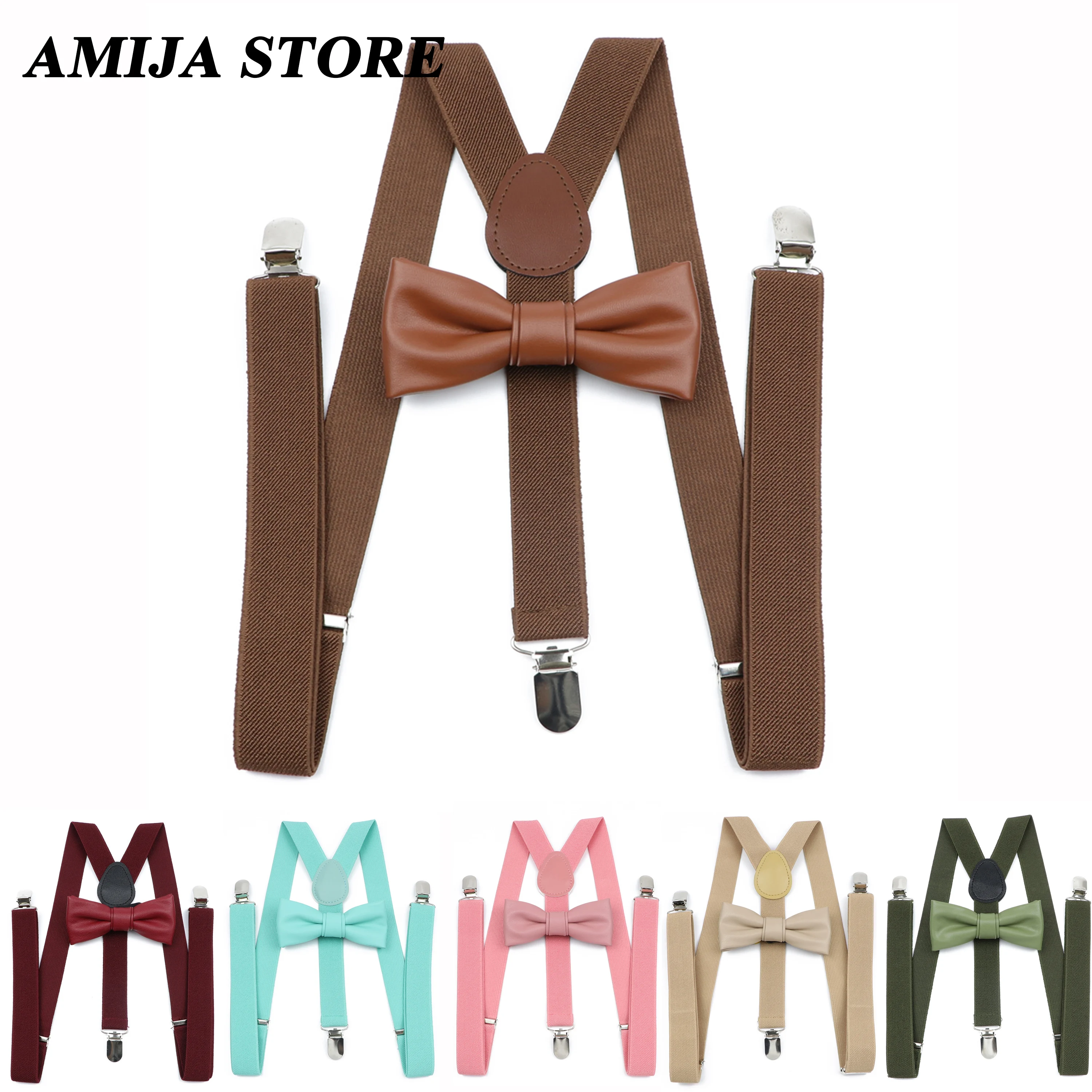 Fashion Unisex Suspender Set Soild Color Braces With PU Leather Bowtie Clip-on Elastic Y-back Mens Straps Butterfly Party Gift