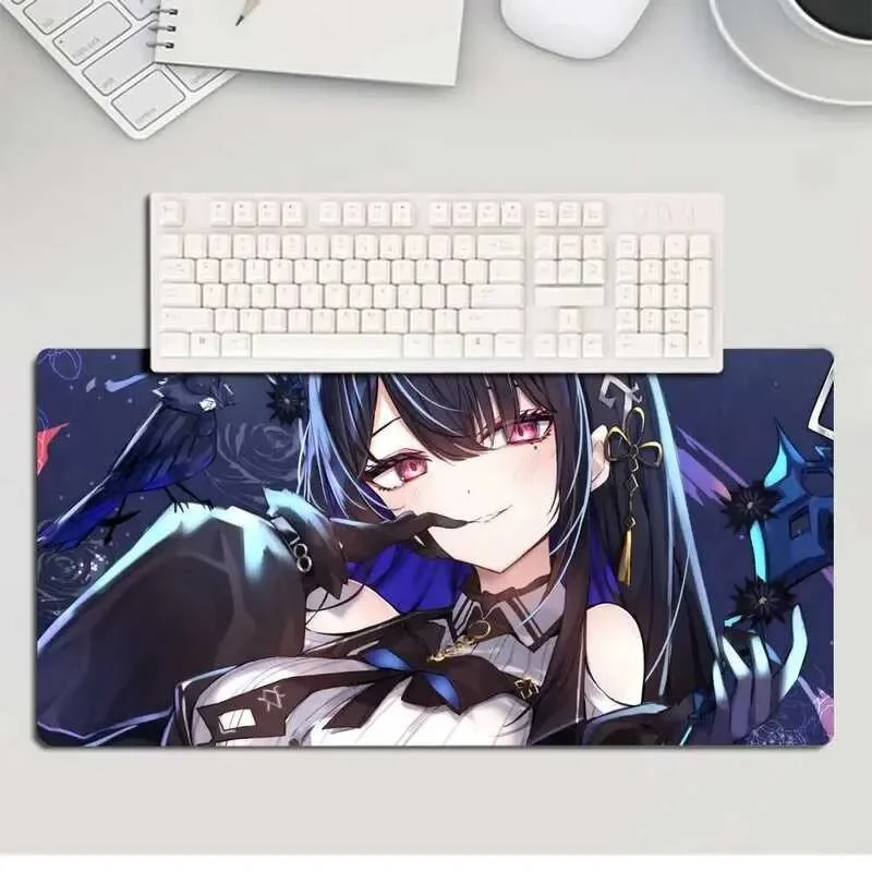XXL Black Hair Blue-purple Highlight Winged Sound Demon Anime Girl Gaming Mouse Pad Non-Slip Rubber Stitched Desk Mat for PC