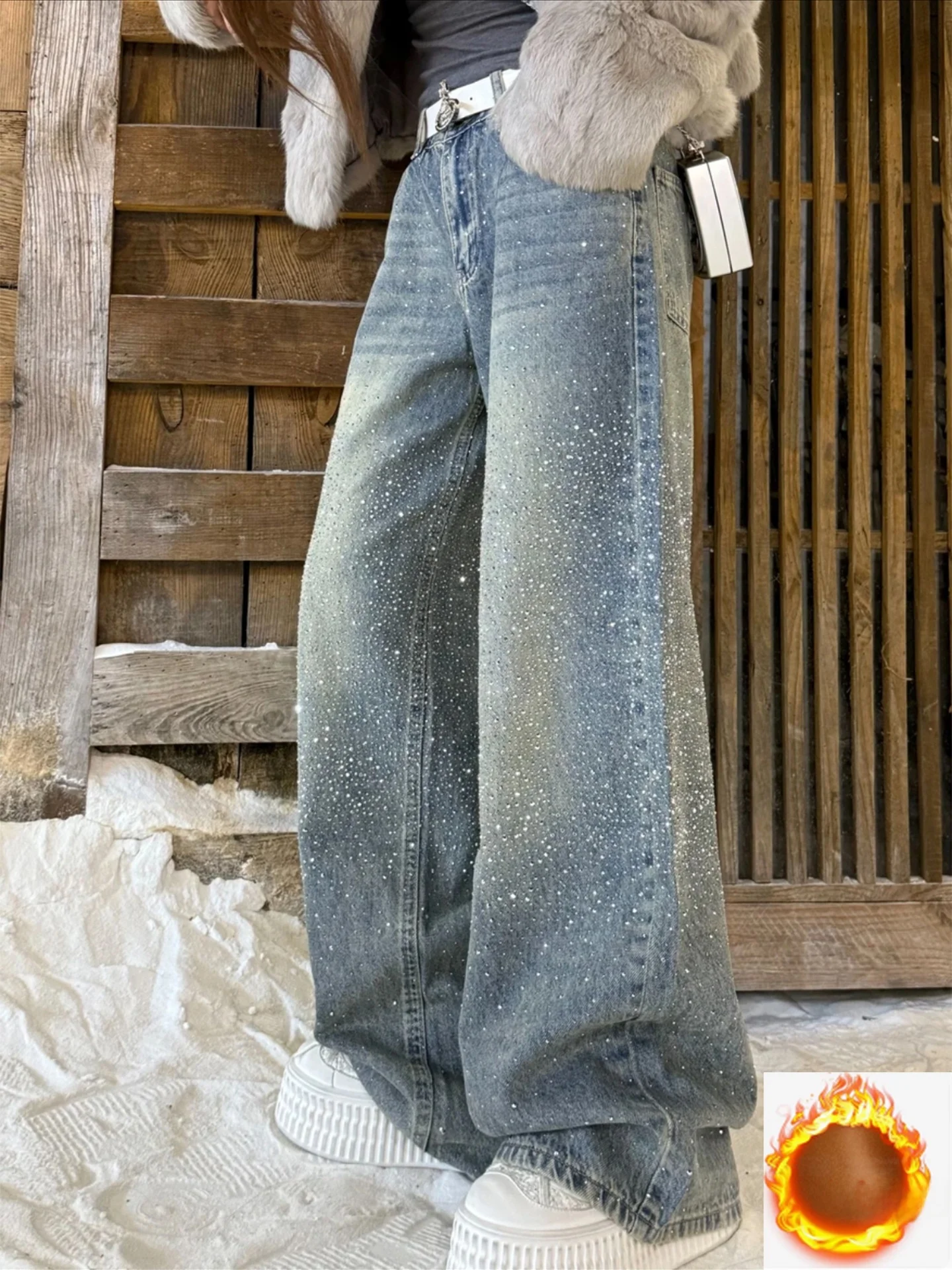 

Shiny Rhinestone Fleece Lined Denim Jeans Women's Heavy Duty Wide Leg Long Pants High Waist Cotton Spring Fashion Korean Style