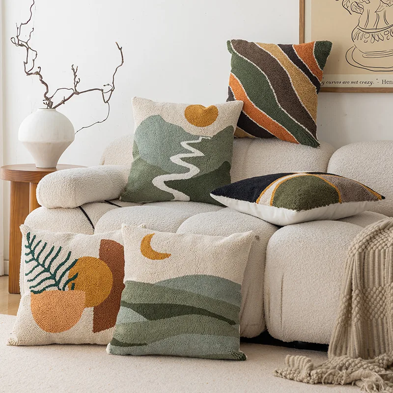 Abstract Tufted Pillow Cover, Decorative Art, Sunset, Mountain, Moon, Plant, Mid Century, Minimalist Geometric Pillowcase, 45x45