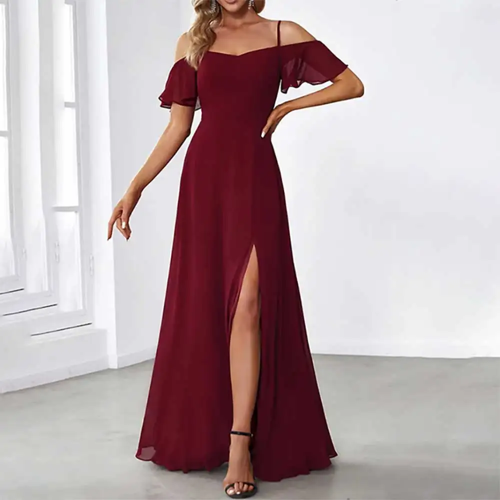 

Elegant Short Sleeve Spaghetti Strapl Side Slit A-line Backless Evening Dress Prom Party Dress Formal Gowns Wedding Guest Dress