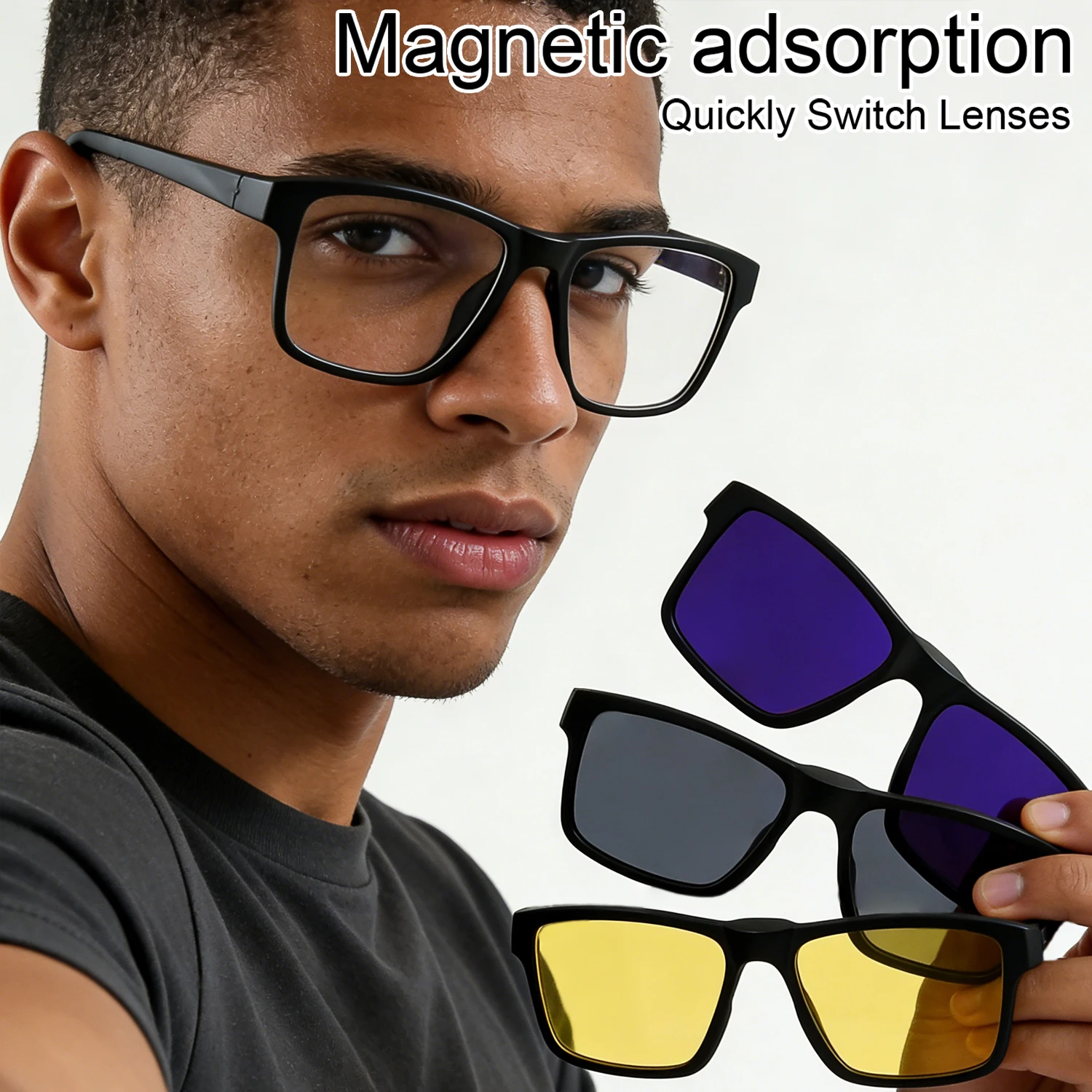 Magnetic Clip On Glasses for Men Women 3 Pairs Polarized Sunglasses Lenses Square Eyeglasses Frame Quick Swap Magnetic Lens Set