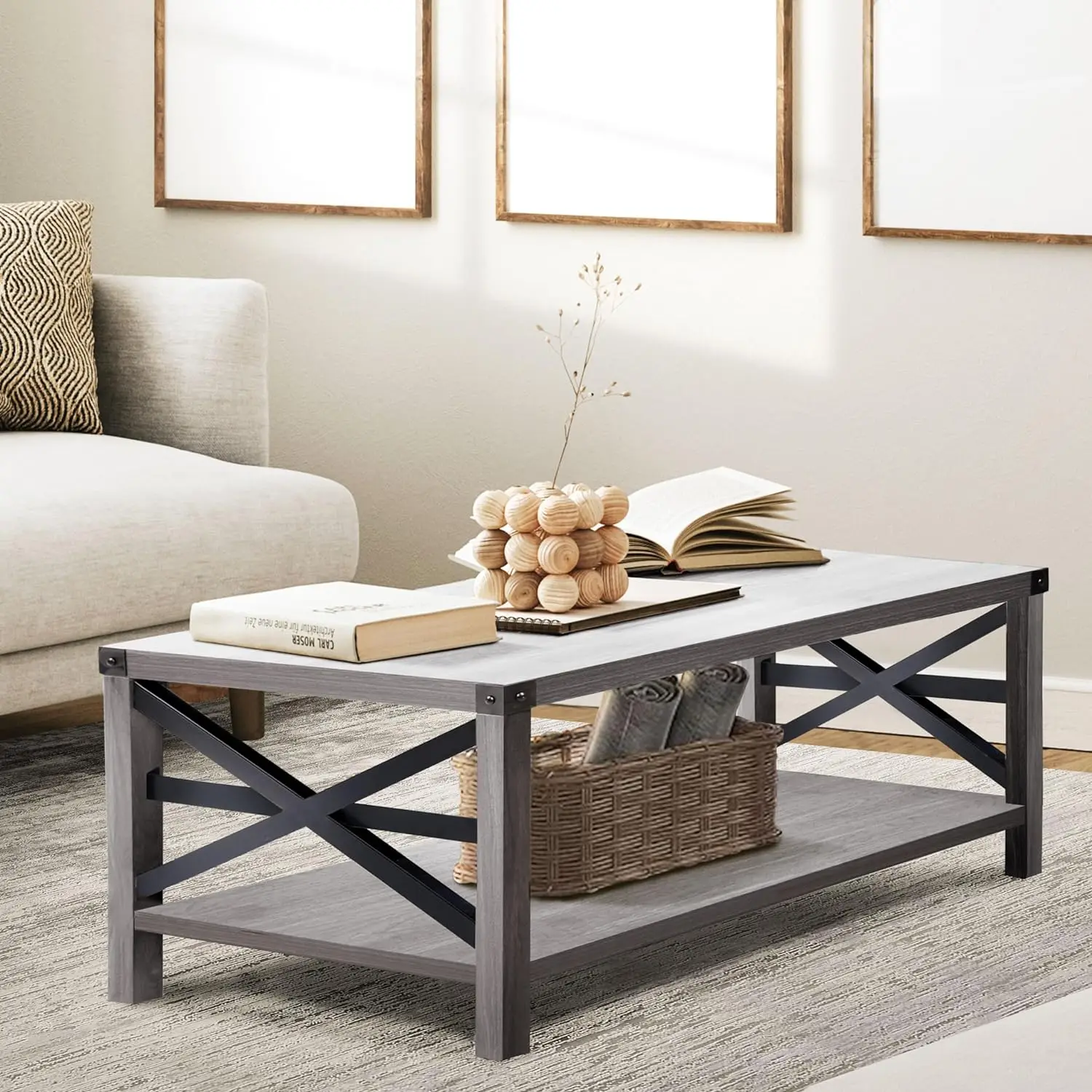 Comfort Corner Coffee Table with Storage Shelf, Farmhouse Industrial Accent Cocktail Center Table for Living Room Light Grey