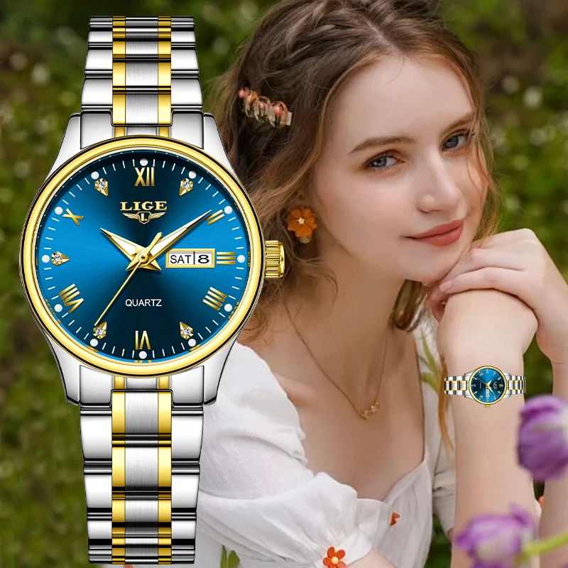 

LIGE модные элегантные роскошные кварцевые женские часы простые повседневные стальные водонепроницаемые часы с календарем и неделей женские часы женские подарки