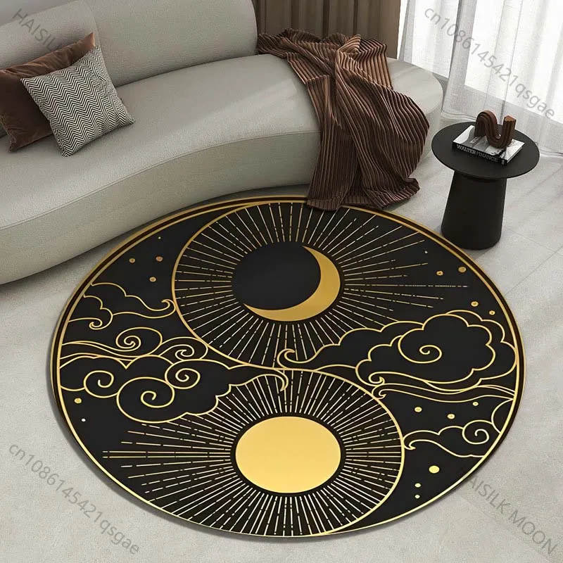 Elegant Sun and Moon with Golden Clouds Printed round carpet living room sofa table carpet large pet mat soft round carpet