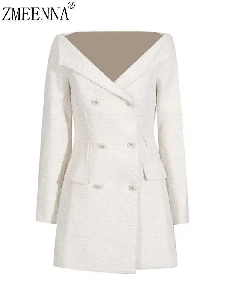 

ZMEENNA Fashion Women's Double-breasted Tweed Slash Neck Solid Color High Waist A-line Dress Blazer 2024 Autumn Winter New ZM70