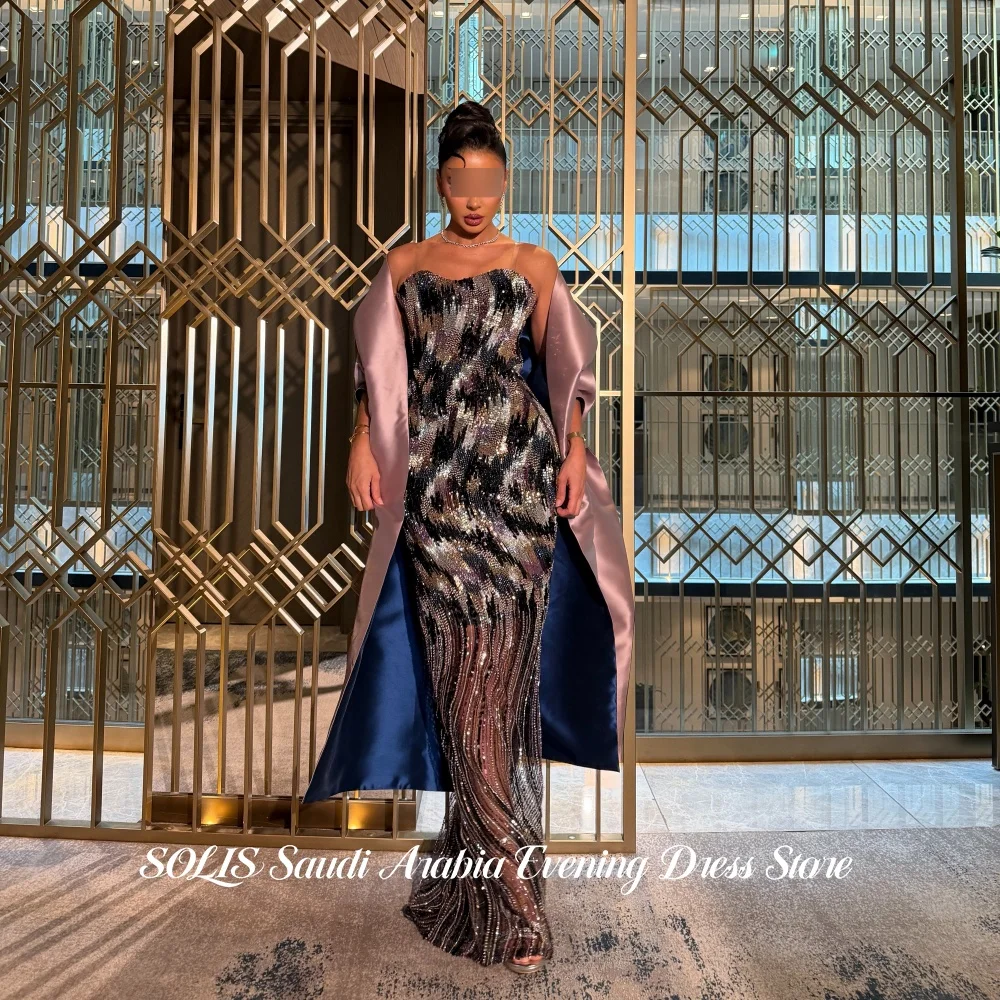 SOLIS Opulent Multi Color Strapless Mermaid Evening Gown Beaded Sequin Abstract Pattern Satin Cape Prom Evening Party Customized