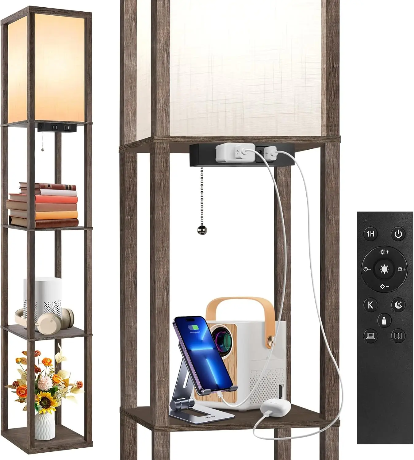 Outon Floor Lamp With Shelves, Dimmable Shelf Floor Lamp With 1 Usb & 1 Type C Ports, 1 Power Outlet, Modern Standing Lamp With