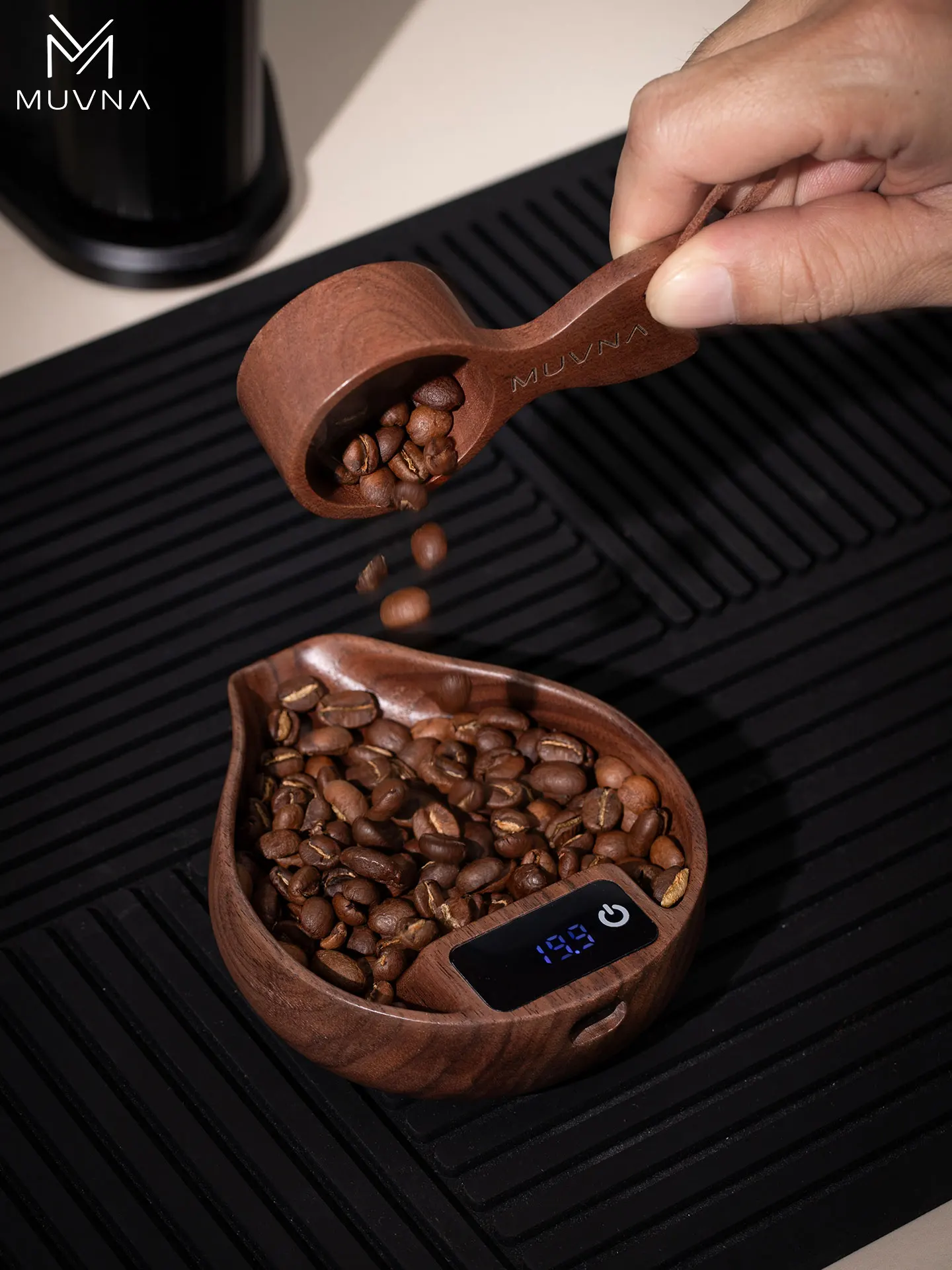 MUVNA 2nd Gen Electronic Scale for Coffee Beans, 0.1g Precision Scale with Seamless Solid Wood Build & Integrated Pouring Spout