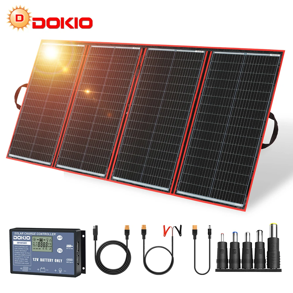 Panel solar plegable portátil Dokio 300W 18V con controlador de 12V adecuado para viajes de acampada familiar