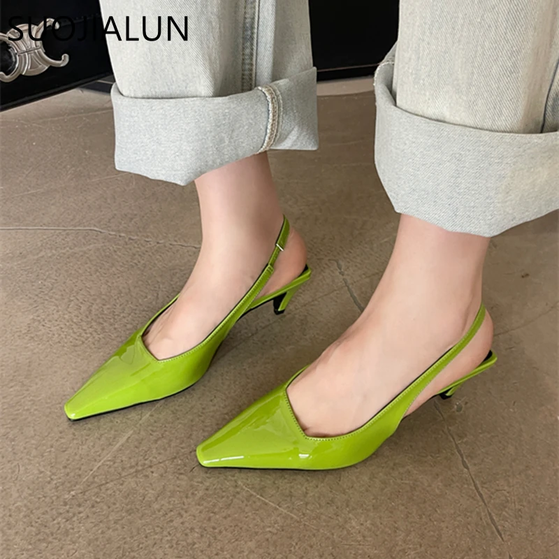 SUOJIALUN 2024 Spring New Women Sandal Shoes Fashion Candy Color Ladies Elegant Slingback Sandals Med Heel Dress Pumps Shoes