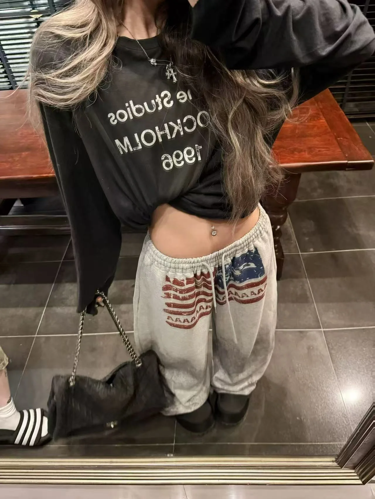 Y2K كلية الأمريكية الهيب هوب القوطي طباعة الرباط واسعة الساق Sweatpants فضفاضة 90s شارع العليا بنطال رياضي الطابق طول السراويل #3