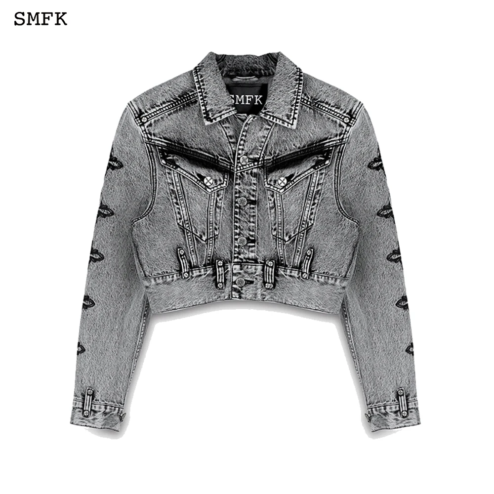 SMFK Magnolia Cross Biker Denim Jacket Women Basic Coats 2022 New Fashion Female Long Sleeve Casual Outerwear Denim Coats Jacke