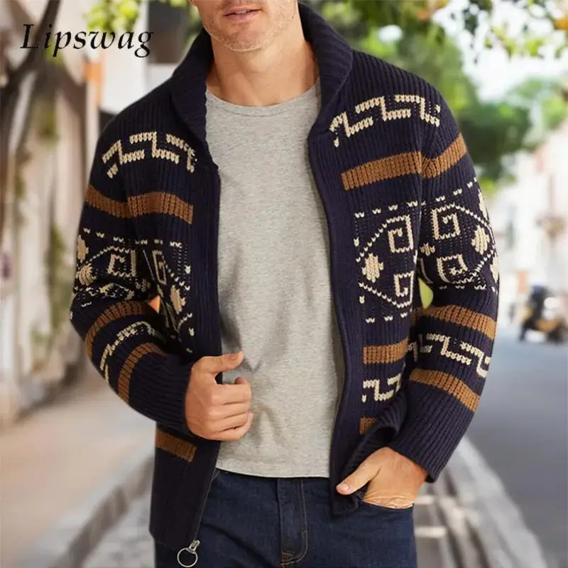 

Уличные повседневные свитера на молнии с лацканами, мужские осенне-зимние модные приталенные свитера, мужские винтажные вязаные куртки крючком, пальто