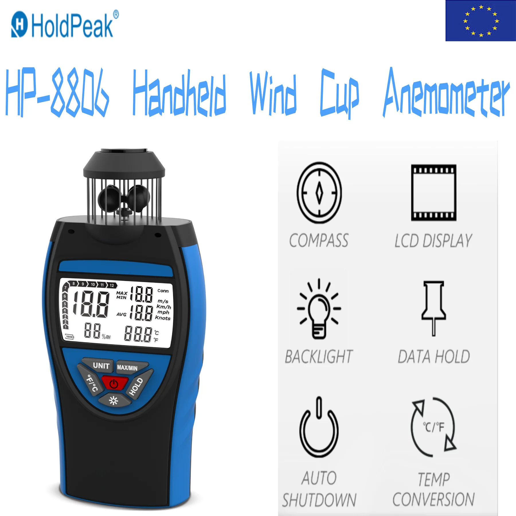BT-8806 Bluetooth Wind Cup Anemometer 0.3~42m/s, HVAC CFM Air Volume, Altitude Barometric Pressure Temp, Professional Anemometro