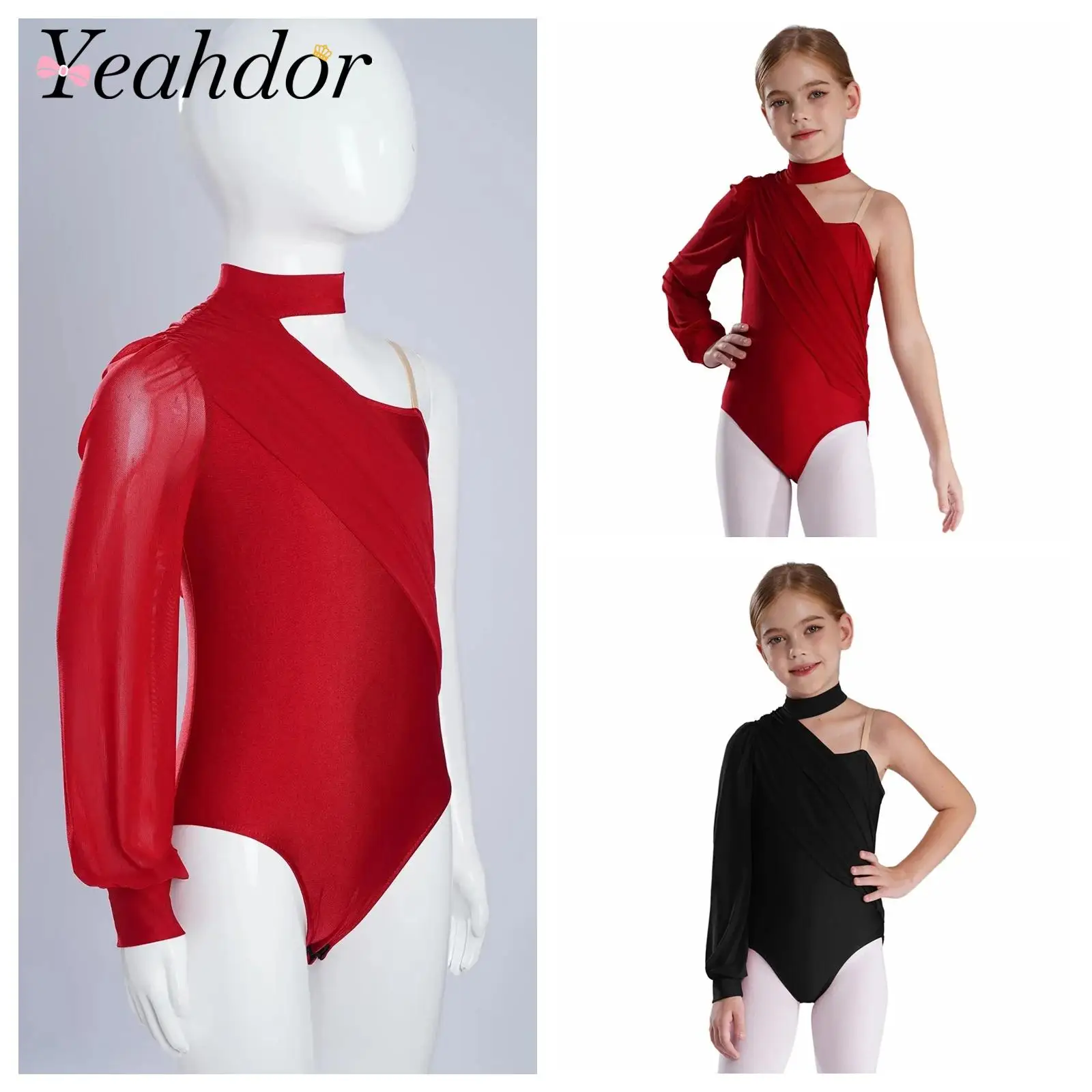 Girls Gymnastics Bodysuits Children Jumpsuit One Shoulder Yoga Skating Jumpsuits Ruched Mesh Long Sleeve Ballet Dance Leotard