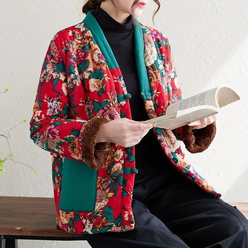 Trendy Women's Large Flowers Cotton Coat Winter Fleece Lining Loose Cotton Coat Outerwear Winter Ethnic Style Retro Cotton Coat