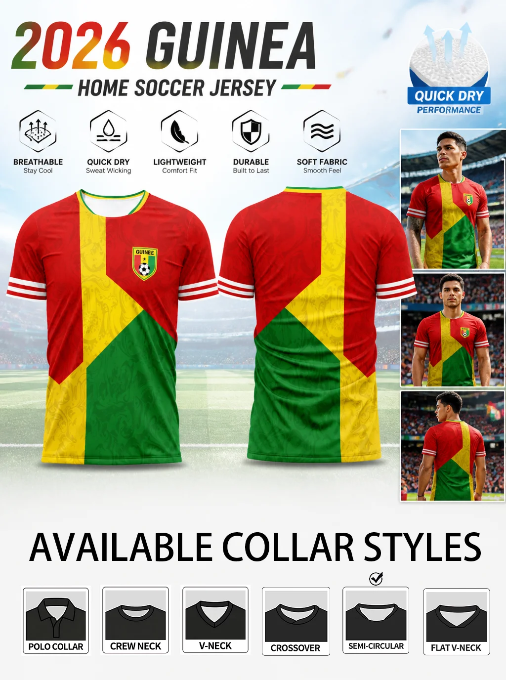 Guinea tricolor‑spliced soccer jersey with football‑themed crest and subtle background prints that carry hometown team pride