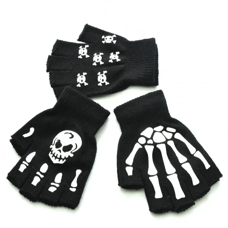 Skeleton Gloves Noctilucent Halloween Role-playing Prop Half Finger Mittens Winter Knitting Trend Men Women Clothing Accessories