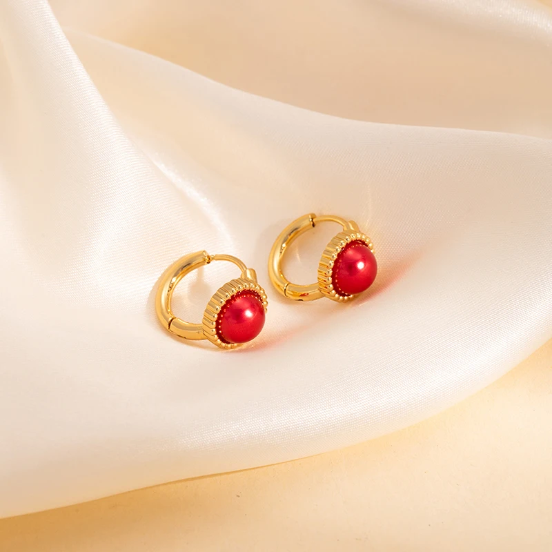 ANENJERY 316L Stainless Steel Red Black White Stone Pearl Hoop Earrings For Women Fashion Simple Niche Design Jewelry Wholesale