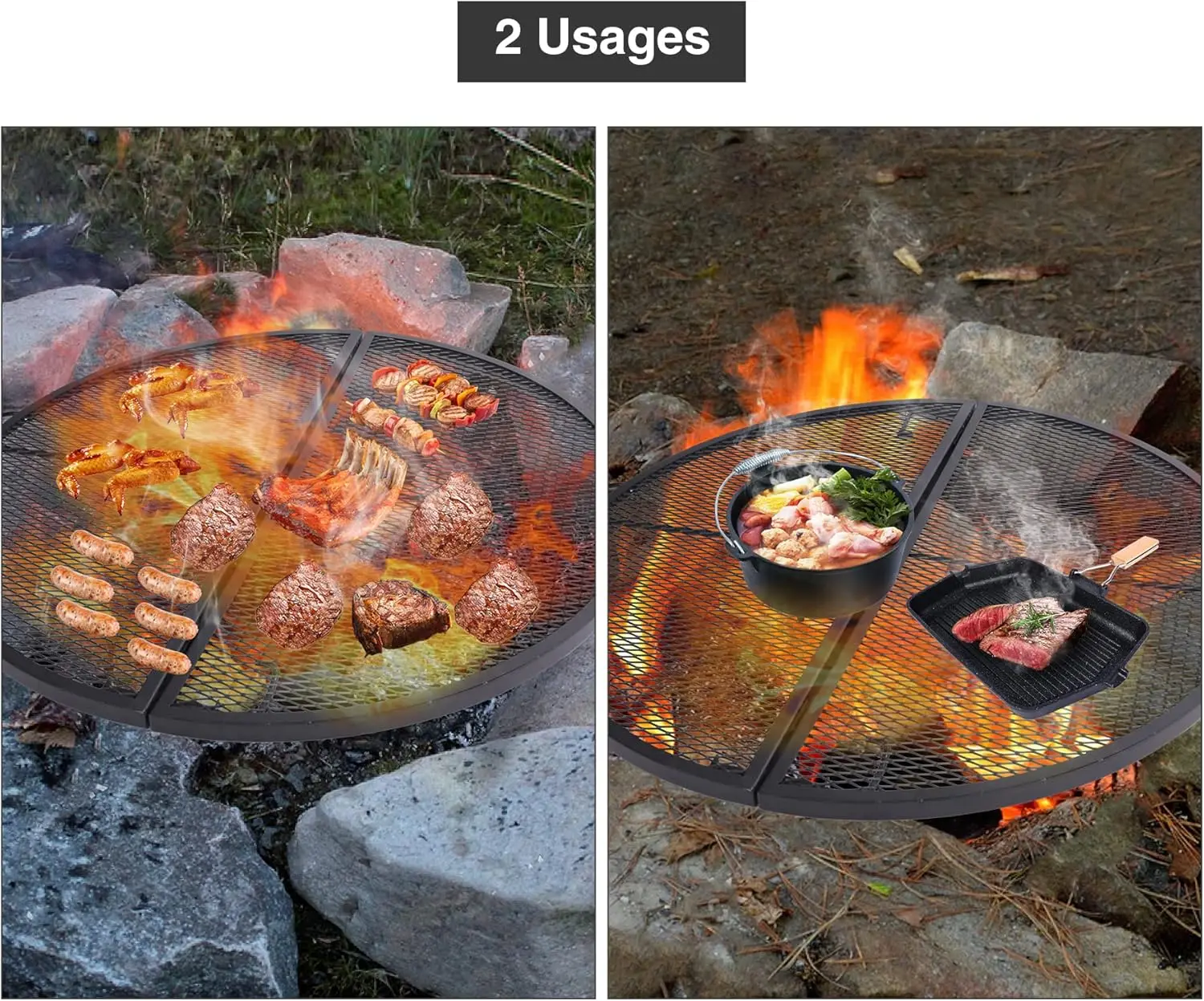 شبكات شواية الطبخ المحمولة من X-Marks، شبكة شواء مستديرة قابلة للطي شديدة التحمل، شبكة شواء Firepit بمقابض