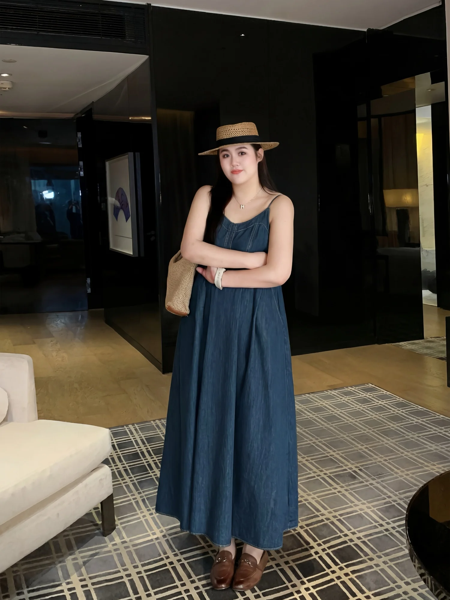 

Summer Large Size Women's Denim Dress Back Elastic Design A-Line Long Skirt Casual Commute Style Cotton Blend Sleeveless