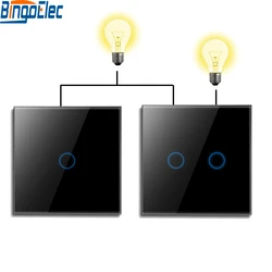 Bingoelec 1/2/3Gang Wall Touch Switch 2 Way Light Switches For Staircase Crystal Panel EU Standard 2Pack Blue Backlight 10A