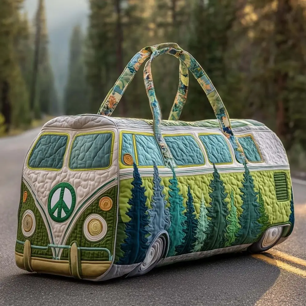 Trendy 3D Quilted Duffle Bag Large Capacity Bus Design Travel Handbag Multifunctional Retro Boho Gym Tote Bag Daily Outings