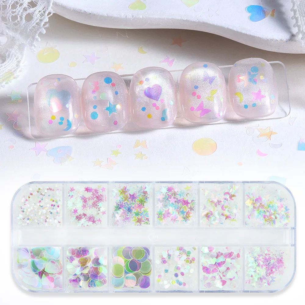 12 grilles de paillettes holographiques pour ongles, sequins en forme de cœur, étoile, lune et papillon pour le nail art DIY, fournitures de décoration pour ongles