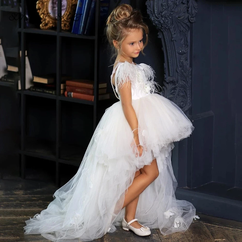 Strapless alta baixa casamento vestidos da menina flor pequeno anjo pena sem costas crianças festa de aniversário