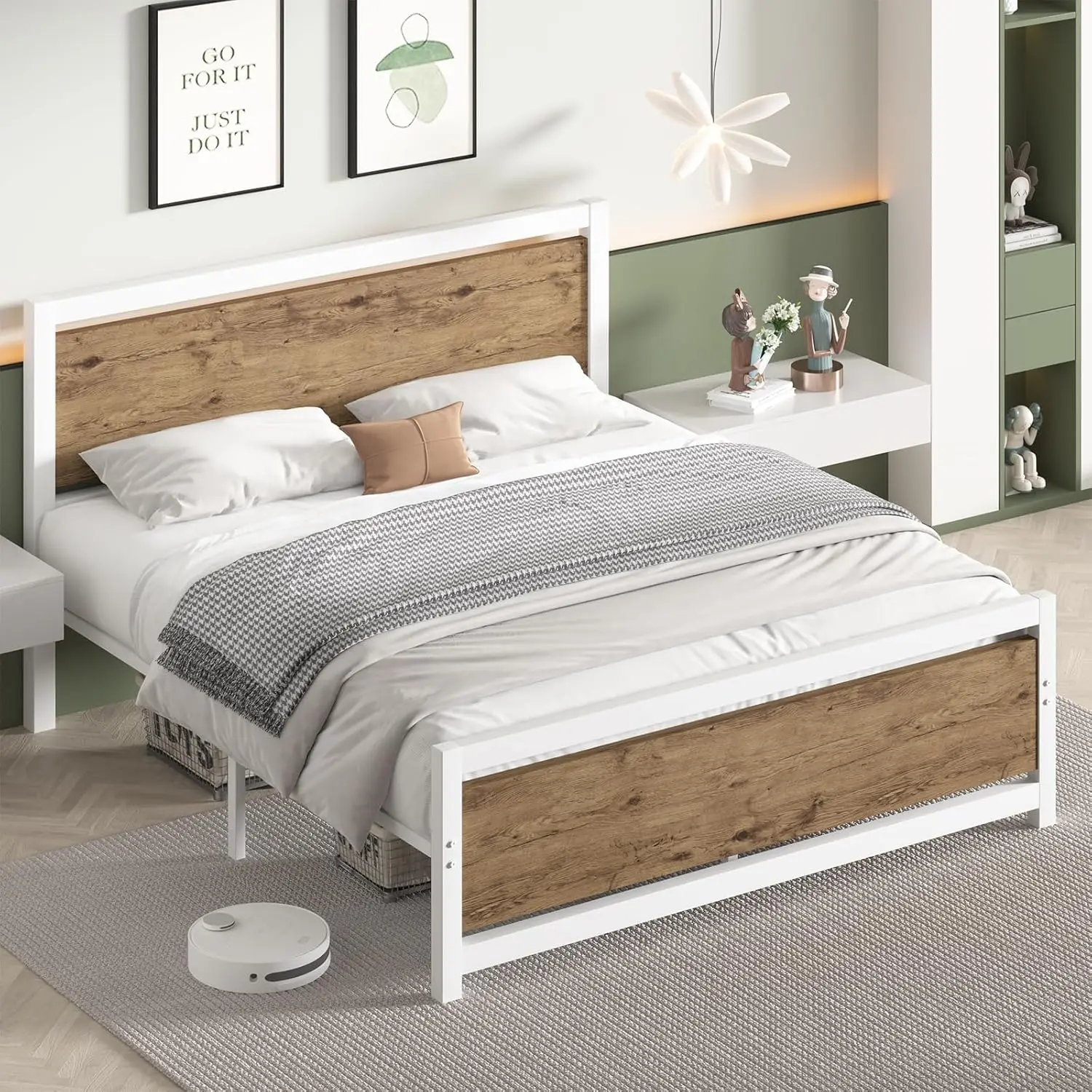 Queen Size Bed Frame, Queen Size Bed Frame with Wood Headboard, Queen Bed Frame with Strong Steel Slat Support,