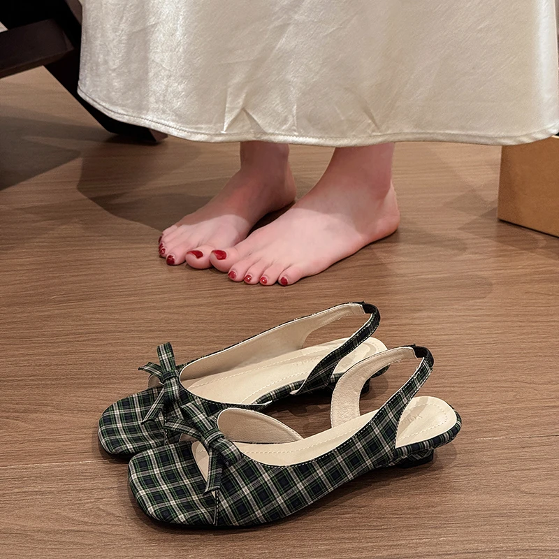 4.5cm Low-heel Open-toe Sandals, Vacation Style, Gorgeous Polka Dot Satin Fabric, Bow Square-toe Roman Shoes, Fashionable view 3