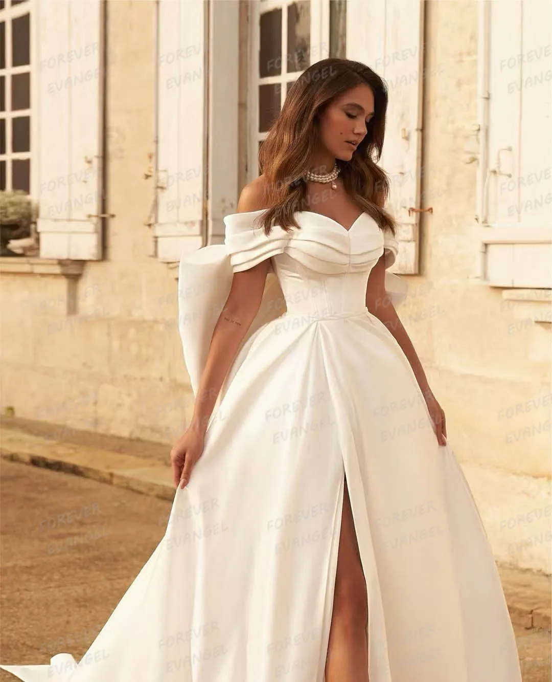 Elegant Bow Wedding Dresses Woman's A Line Sexy Sleeveless Off Shoulder High Split Backless Bride Gowns Satin Vestidos De Novias