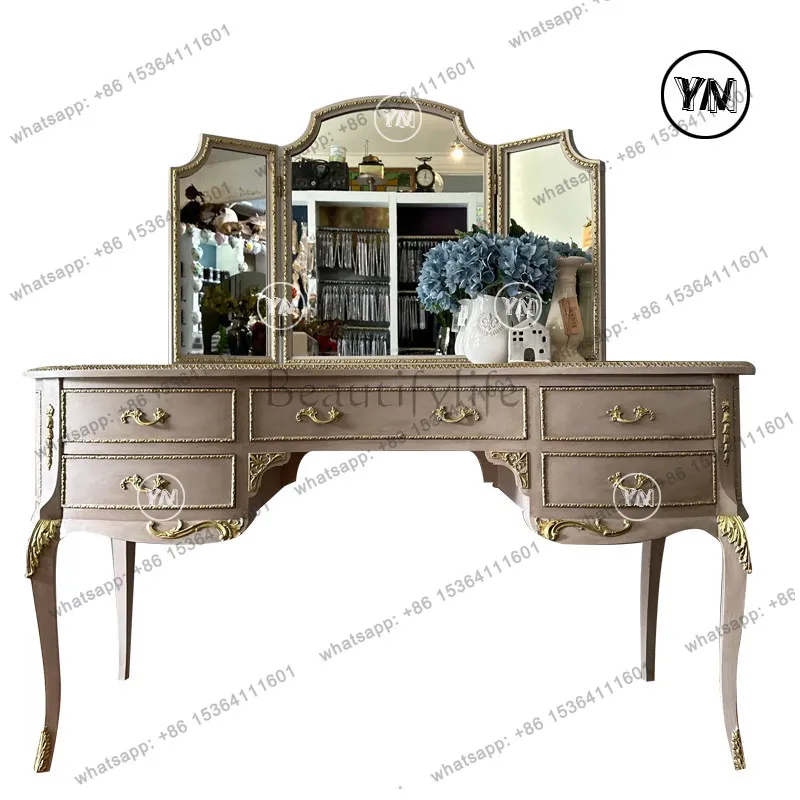 French retro gold-painted makeup table retro style solid wood dresser with mirror storage cabinet