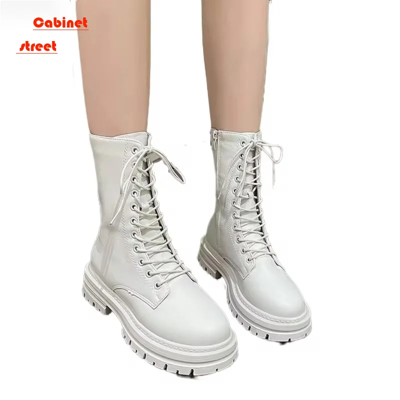 

Plus Size Mid-tube Lace-up Leather Boots Women 2024 Autumn Winter Thick Soled Small Motorcycle Ankle Snow Female Shoes