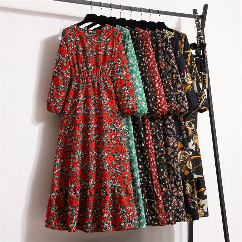 Autumn Spring Muslim Dresses Female Full Sleeve Vintage Printed Floral Casual A-line Long Dress Women Maxi Dresses Vestidoes