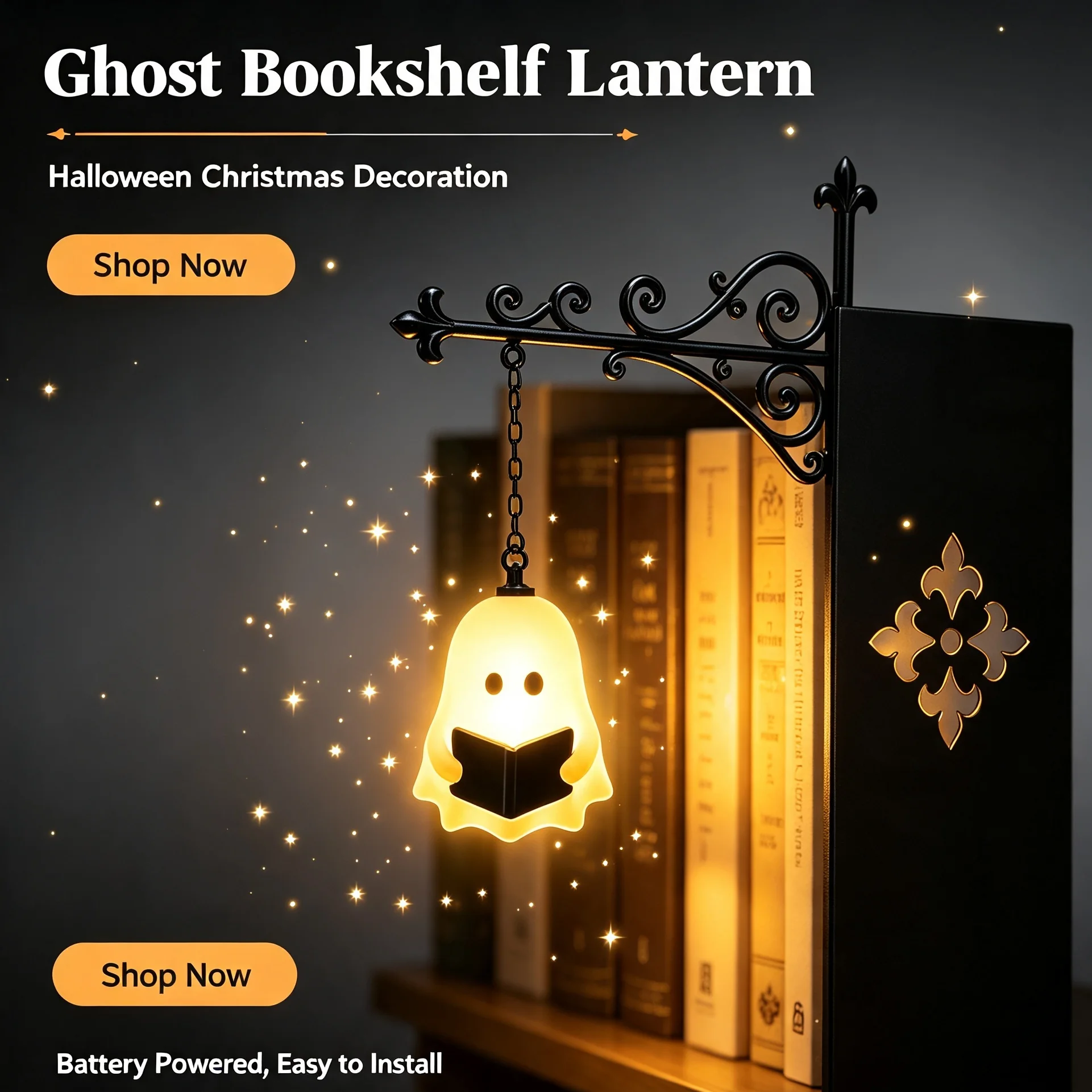 Lantern Light Bookshelf Halloween Hanging LED Vintage Decor Book Stopper Warm Night Light  Metal Bookend For Christmas Ornament
