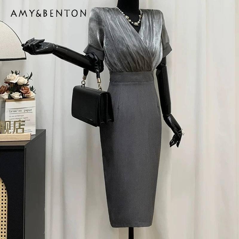 

2026 Summer New Gray Splicing Fake 2-piece Women's Dress French Retro V-neck High Waist Short Sleeve Medium Long Dresses Ladies