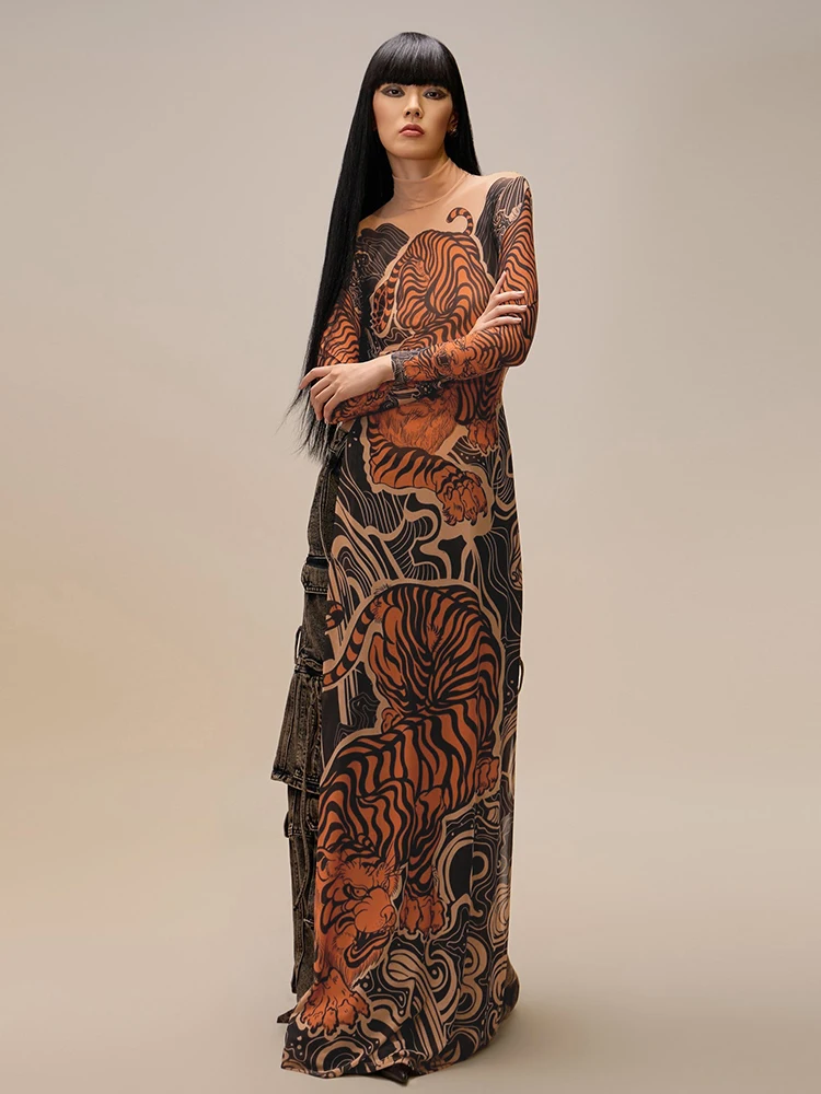 Weird Puss See Through T-Shirts Women Tiger Print Long Sleeve High Neck High Slits High Elastic Skinny Trend Street Hipster Tops