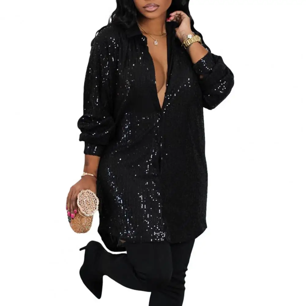 Elegant Shirt Dress Women Shiny Sequin Evening Party Long Sleeve Loose Buttons Mid Length Cardigan Blouse Mini Dress