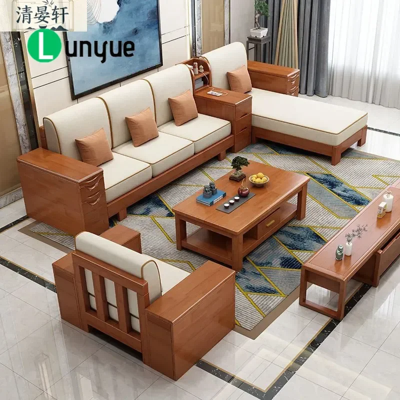 New Chinese Style Solid Rubber Wood Sofa Bed with Carved Storage Modern Simple Dual Purpose for Living Room Winter Summer