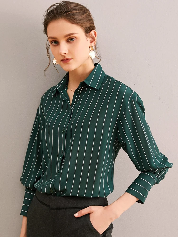 SuyaDream, Women Stripes Shirts, 100%Real Silk, Turn Down Collar, Green Chic Blouses, 2024 Spring Summer Office Lady Top